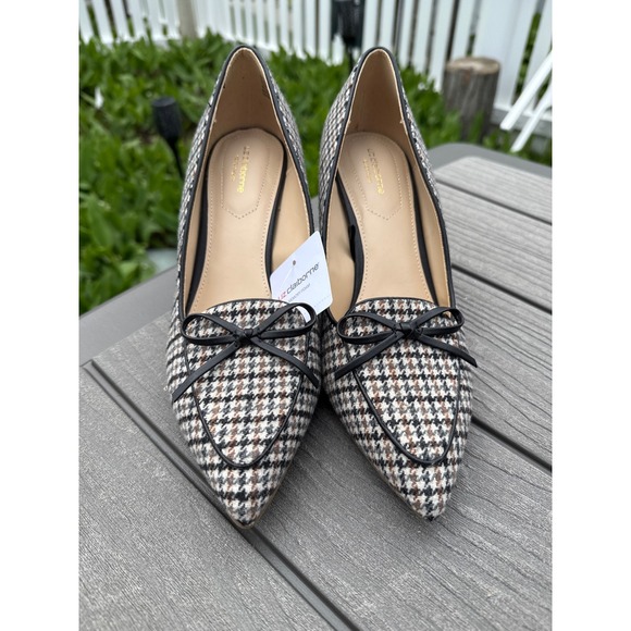 NWT Liz Claiborne Size 9 Harter Heels‎ Brown Multi Houndstooth Check Bow … - Picture 1 of 7